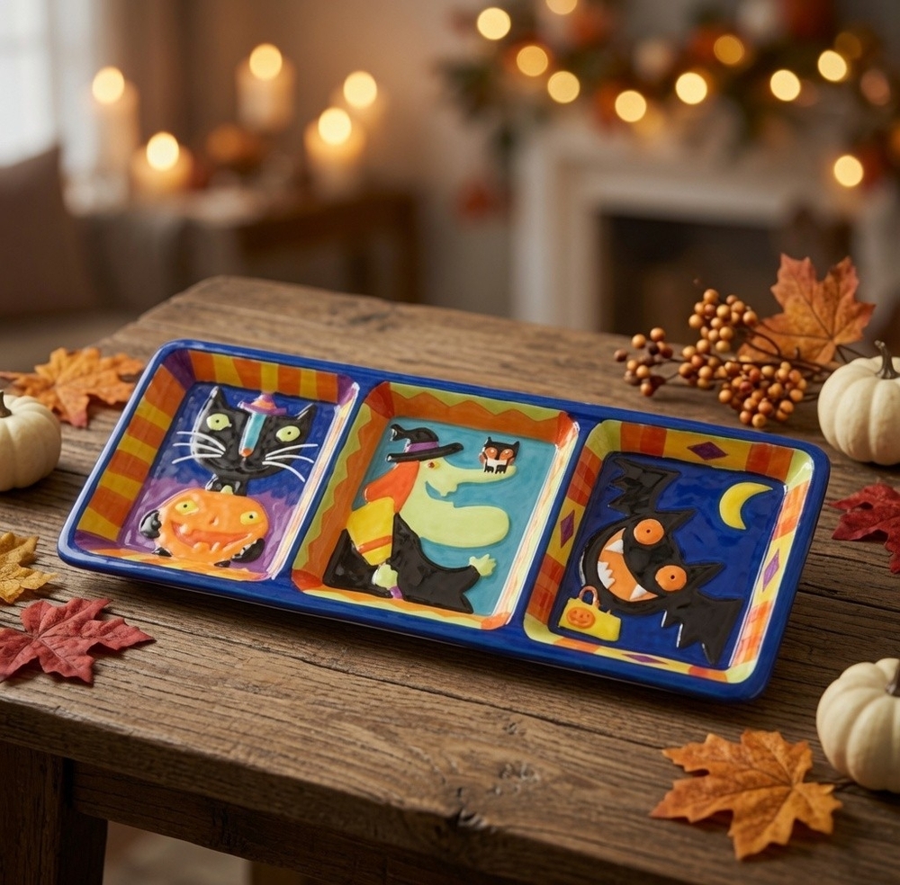 HALLOWEEN Ceramic Rectangular Tray 14” Cookies Sweets Tray Home Decor Accent